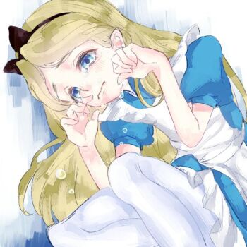 1girl alice_(disney) alice_in_wonderland_(disney) animification apron blonde_hair blue_dress blue_eyes bow crying crying_with_eyes_open dress hairband long_hair ribbon shoes short_sleeves simple_background sommmkk tears white_apron