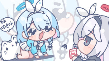 2girls all_fours animal arona_(blue_archive) bendy_straw black_hairband black_jacket blue_archive blue_hair blue_shirt blush_stickers bow braid cat chibi drinking_straw grey_eyes grey_hair hair_over_one_eye hair_ribbon hairband halo highres holding jacket korean_text long_sleeves multiple_girls plana_(blue_archive) pleated_skirt profile puffy_long_sleeves puffy_sleeves ribbon sailor_collar shirt single_braid skirt tandohark translation_request white_bow white_cat white_hairband white_ribbon white_sailor_collar white_skirt zoom_layer