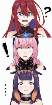 ! ... 3girls ? bare_shoulders blue_eyes blue_fire blue_hair breasts closed_mouth colored_inner_hair commentary confused constricted_pupils diamond_hairband double-parted_bangs earrings elizabeth_rose_bloodflame elizabeth_rose_bloodflame_(1st_costume) fire fur-trimmed_collar fur_trim furrowed_brow gradient_hair hair_between_eyes headphones headphones_around_neck highres hololive hololive_english jewelry long_hair looking_at_viewer medium_hair mole mole_under_eye mori_calliope mori_calliope_(the_story_thus_far) multicolored_hair multiple_girls ninomae_ina&#039;nis ninomae_ina&#039;nis_(1st_costume) official_alternate_costume open_mouth orange_hair pink_hair pointy_ears purple_hair red_eyes red_hair sidelocks split_mouth stud_earrings surprised symbol-only_commentary tentacle_hair two-tone_hair upper_body virtual_youtuber wavy_mouth wide-eyed yuuyu_(777)