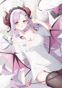 1girl black_headdress black_thighhighs braid braided_sidelock breasts cleavage computer_keyboard demon_girl demon_horns demon_tail demon_wings hashtag-only_commentary headdress highres horns indie_virtual_youtuber large_breasts long_hair low_wings miryachi off-shoulder_shirt off_shoulder parted_lips pink_eyes purple_hair red_nails sakuragi_kohaku shirt solo tail thighhighs twin_braids unworn_eyewear virtual_youtuber white_shirt wings