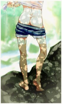 1boy 3ji ass barefoot denim denim_shorts male_focus original shadow shirt shorts shota tan tanline wet wet_clothes wet_shirt wringing_clothes