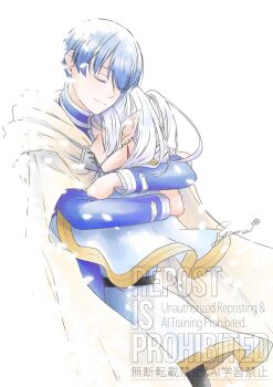 1boy 1girl aruna black_pantyhose blue_hair blue_jacket capelet cloak closed_eyes closed_mouth couple earrings elf falling_petals frieren gold_trim grey_hair hair_over_one_eye hetero highres himmel_(sousou_no_frieren) hug jacket jewelry light_smile long_hair pantyhose petals pointy_ears short_hair sign skirt sousou_no_frieren twintails upper_body white_background white_capelet white_cloak white_jacket white_petals white_skirt white_trim