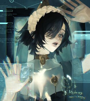 1girl absurdres against_glass animal_ears baichuan_baichuan black_hair blue_eyes blue_eyeshadow breasts cleavage eyelashes eyeshadow hand_on_glass headdress highres lips looking_at_viewer makeup mole mole_under_eye original parted_lips short_hair solo upper_body white_headdress