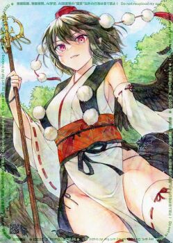 Rule 34 | 1girl, alto2019, black feathers, black wings, blue sky, breasts, brown hair, commentary request, day, detached sleeves, falling feathers, feathered wings, feathers, forest, groin, hat, highres, holding, japanese clothes, kimono, kourindou tengu costume, looking at viewer, nature, no panties, obi, official alternate costume, open mouth, outdoors, pelvic curtain, pointy ears, pom pom (clothes), qr code, red eyes, red hat, red sash, ribbon-trimmed thighhighs, ribbon trim, sash, shakujou, shameimaru aya, side slit, sideboob, signature, sky, smile, solo, staff, thighhighs, tokin hat, touhou, watermark, white kimono, white thighhighs, wings