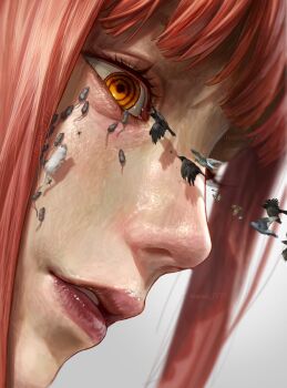 1girl bird black_bird chainsaw_man close-up commentary_request highres lips looking_at_viewer makima_(chainsaw_man) mouse_(animal) orange_eyes parted_lips portrait rearea_7777 red_hair ringed_eyes solo undersized_animal white_background