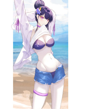 1girl absurdres alternate_costume arms_up beach bikini biting biting_clothes blue_sky blunt_bangs blush breasts choker cleavage cloud cloudy_sky commentary_request fan_hair_ornament genshin_impact hair_bun hair_up head_tilt highres jacket jewelry lifting_own_clothes long_sleeves looking_at_viewer medium_breasts mole mole_under_eye navel noxia-world ocean open_clothes open_fly open_jacket purple_eyes purple_hair raiden_shogun sand shorts sky solo standing stomach swimsuit thighlet toned toned_female upper_body water wide_sleeves