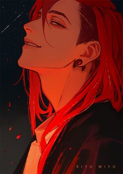 1boy adam's_apple artist_name black_shirt commentary earrings english_commentary from_side jewelry looking_at_viewer male_focus miyu_kiyu original parted_hair parted_lips piercing portrait profile red_eyes red_hair shirt sky solo star_(sky) starry_sky undercut white_shirt