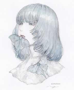 1girl bug commentary_request expressionless green_eyes grey_hair insect looking_to_the_side luna_moth medium_hair moth open_mouth original painting_(medium) ringo_komachi solo tongue traditional_media upper_body watercolor_(medium)
