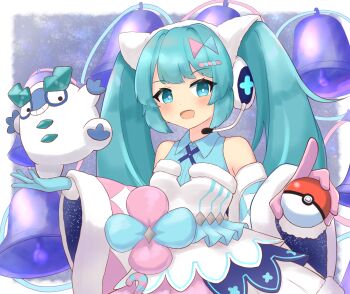 1girl :d absurdres aqua_hair asymmetrical_gloves bell blue_eyes galarian_darumaka galarian_form gen_5_pokemon gen_8_pokemon gloves hair_ornament hatsune_miku headset highres holding holding_poke_ball holding_pokemon magical_mirai_(vocaloid) magical_mirai_miku magical_mirai_miku_(2020_winter) mismatched_gloves nintendo open_mouth poke_ball pokemon pokemon_(creature) shonasan smile standing twintails vocaloid wide_sleeves