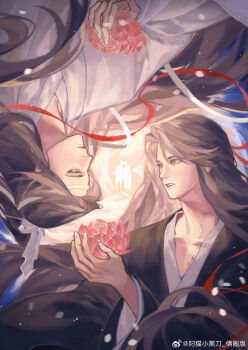 2boys bishounen black_hair black_hanfu brown_hair chinese_clothes chinese_commentary closed_mouth commentary_request couple diaomaoxiaoheidaoliangquanban floating_hair flower hair_down hair_ribbon half_updo hanfu headband highres holding holding_flower lan_wangji light_particles long_hair long_sleeves looking_at_another lotus male_focus modao_zushi multiple_boys official_alternate_hairstyle parted_lips ponytail red_eyes red_flower red_ribbon ribbon robe smoke upper_body upside-down very_long_hair watermark wei_wuxian wei_wuxian_(yiling_laozu) weibo_watermark white_hanfu white_headband wide_sleeves xiao_guan_(headdress) yaoi yellow_eyes