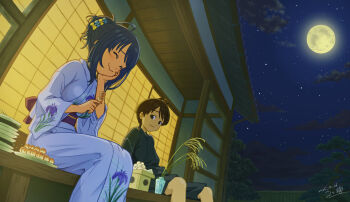 1boy 1girl ahoge alternate_hairstyle architecture black_eyes black_hair black_kimono blue_bow blue_hair blue_kimono bow closed_eyes closed_mouth commentary_request dango dated east_asian_architecture eating food full_moon hair_bow hair_bun highres holding holding_food japanese_clothes kimono koma_inu_(komainu_mainu) long_sleeves looking_at_another make_heroine_ga_oo_sugiru! medium_hair moon night night_sky nukumizu_kazuhiko outdoors porch short_hair shouji signature sitting sky sliding_doors smile star_(sky) starry_sky tsukimi tsukimi_dango veranda wagashi wide_sleeves yanami_anna yellow_bow yukata