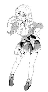 1girl ankle_boots boots bra_strap breasts buttons camera choker cleavage collarbone commentary_request corset dress_shirt earrings flower_ornament full_body hand_on_own_hip hand_up highres honkai:_star_rail honkai_(series) jacket jewelry leaning_forward light_blush march_7th_(honkai:_star_rail) march_7th_(preservation)_(honkai:_star_rail) medium_breasts medium_hair miniskirt monochrome open_mouth pleated_skirt shirt simple_background single_earring skirt smile solo t@ke-g thigh_strap tied_jacket underbust w white_background