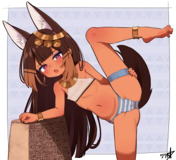 1girl animal_ears anubis_(surio) anus blush boppin bra bracelet breasts brown_hair clothing_aside collar feet female_focus hair_ornament highres jewelry loli moaning navel original panties panties_aside pink_eyes pussy small_breasts solo standing standing_on_one_leg stomach striped_clothes striped_panties tail tan thighs toes underwear