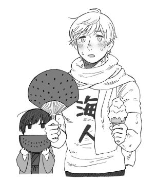 Rule 34 | 2boys, axis powers hetalia, blush, clothes writing, covered mouth, eating, food, fruit, greyscale, half-closed eyes, hand fan, hands up, haori, highres, holding, holding fan, holding food, holding fruit, holding ice cream, holding watermelon, hot, ice cream, japan (hetalia), japanese clothes, kimono, long sleeves, looking afar, looking at another, male focus, mi aph to, monochrome, multiple boys, open clothes, open mouth, ribbon, russia (hetalia), scarf, shirt, short hair, short sleeves, simple background, sweat, t-shirt, upper body, watermelon, watermelon slice, wide sleeves