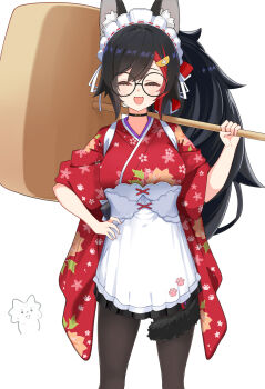 1girl :3 ^_^ animal_ears apron black_hair black_leggings carrying_over_shoulder closed_eyes commentary_request cowboy_shot floral_print food-themed_hair_ornament giant_hammer glasses hair_ornament hand_on_own_hip haseneko highres holding holding_mallet hololive japanese_clothes kimono kine leggings lemon_hair_ornament long_hair maid_headdress mallet ookami_mio ookami_mio_(new_year) open_mouth paw_print ponytail red_hair red_kimono short_sleeves single_hair_streak smile solo swept_bangs tail tail_around_own_leg very_long_hair virtual_youtuber white_apron wide_sleeves wolf_ears wolf_girl wolf_tail