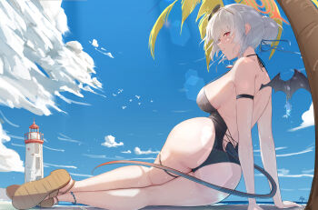 1girl absurdres arm_strap ass black_one-piece_swimsuit blue_archive blue_sky breasts cloud cloudy_sky demon_girl demon_tail demon_wings eyewear_on_head hair_bun halo haruna_(blue_archive) highres large_breasts long_hair mola_(mola526) one-piece_swimsuit parted_lips red_eyes red_halo sandals sky solo sunglasses swimsuit tail thigh_strap wet white_hair wings