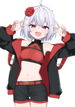 1girl :d ahoge bare_shoulders belt black_jacket black_shorts blush borrowed_character breasts commentary commission cowboy_shot crop_top cropped_shirt double_v fang flower grey_hair hair_flower hair_ornament hands_up highres jacket long_sleeves looking_at_viewer maud0239 medium_breasts midriff navel open_clothes open_jacket open_mouth original pointy_ears purple_eyes red_belt red_flower red_rose red_shirt rose shirt short_hair short_shorts shorts sidelocks simple_background skeb_commission skin_fang sleeveless sleeveless_shirt smile solo v white_background