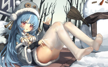 1girl absurdres bell blue_hair breasts chinese_commentary commentary_request feet fur_trim hat highres kele_mimi legs long_hair looking_at_viewer no_shoes open_mouth original partial_commentary red_eyes snow snowman soles solo thighhighs toes white_thighhighs