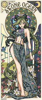 1girl absurdres arm_tattoo arrow_(jojo) art_nouveau bare_shoulders barefoot bird birthmark black_hair blue_eyes braid breasts bug butterfly day double_bun feathers fingernails flower foo_fighters_(stand) frog full_body gamusaur green_hair green_lips hair_bun highres insect joestar_birthmark jojo_no_kimyou_na_bouken kuujou_jolyne lake lipstick long_hair looking_at_viewer makeup moon multicolored_hair navel night plant savage_garden_(jojo) shoulder_tattoo sign sky snail solo spider_web_print stand_(jojo) star_(sky) star_(symbol) starry_sky stone_ocean sun sword tattoo two-tone_hair weapon