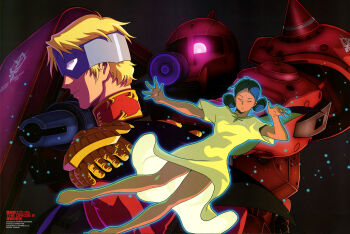 Rule 34 | 1boy, 1girl, absurdres, aiming, barefoot, bindi, black hair, blonde hair, char aznable, dark skin, dress, epaulettes, eye mask, glowing, gun, gundam, highres, indian clothes, kotobuki tsukasa, lalah sune, machine gun, machinery, mask, mecha, mobile suit, mobile suit gundam, mobile suit gundam the origin, nebula, official art, one-eyed, retro artstyle, robot, roundel, scan, science fiction, scope, shoulder spikes, space, spikes, star (sky), weapon, zaku i char custom, zeon