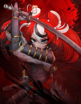 1girl absurdres alternate_costume animal_ear_fluff animal_ears arm_guards armor black_blood black_gloves black_hair blood blue_eyes bright_pupils collar commentary commission dice_hair_ornament dou english_commentary gloves hair_between_eyes hair_ornament hakos_baelz highres holding holding_sword holding_weapon hololive hololive_english japanese_armor katana kusazuri looking_at_viewer mayoa mouse_ears mouse_girl mouse_tail mousetrap multicolored_hair red_hair sheath shoulder_armor sode solo spiked_collar spikes streaked_hair sword tail upper_body v-shaped_eyebrows virtual_youtuber weapon white_hair white_pupils