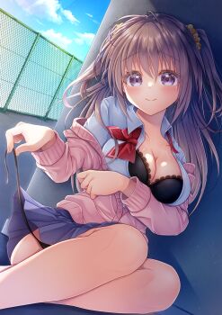 1girl black_bra black_panties blue_skirt blue_sky blush bow bowtie bra breasts brown_hair cardigan chain-link_fence cleavage closed_mouth collared_shirt commentary day dress_shirt dutch_angle fence hair_ornament highres lace lace-trimmed_bra lace_trim large_breasts long_hair long_sleeves looking_at_viewer medium_breasts miniskirt off_shoulder open_cardigan open_clothes original outdoors panties partially_unbuttoned pink_cardigan pleated_skirt purple_eyes red_bow red_bowtie rooftop school_uniform shirt side-tie_panties sitting skirt sky smile solo two_side_up underwear undone_bowtie untied_panties untying white_shirt wing_collar yokozuwari yorarry