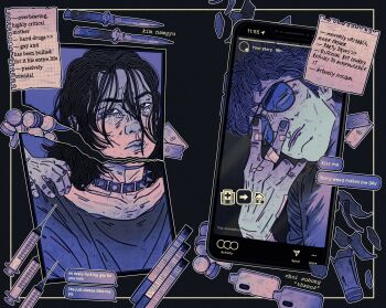 2boys bandaid bandaid_on_hand black_eyes black_hair choker collage decapitation drugs english_text hand_on_another's_shoulder head_tilt highres instagram instagram_story irlplasticlamb knife multiple_boys nam-gyu note phone photo_(object) serious short_hair smirk squid_game sunglasses syringe thanos_(squid_game) ticket torn_paper v