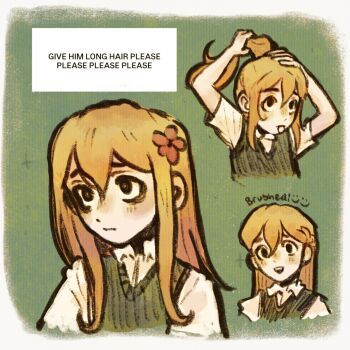 Rule 34 | 1boy, adjusting hair, alternate eye color, alternate hair length, alternate hairstyle, arms up, basil (faraway) (omori), basil (omori), black eyes, blonde hair, closed mouth, collared shirt, commentary, double-parted bangs, english commentary, english text, flower, green sweater vest, hair between eyes, hair flower, hair ornament, hair tie in mouth, highres, long hair, long sidelocks, male focus, mouth hold, omori, open mouth, ottie pops, ponytail, shirt, short sleeves, sidelocks, smile, solo, sweater vest, teeth, upper teeth only, white shirt