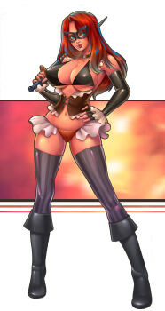 Rule 34 | 1girl, black boots, black bra, black choker, black gloves, black thighhighs, blue eyes, boots, bra, breasts, brown corset, brown panties, cameltoe, choker, cleavage, clip studio paint (medium), closed mouth, commentary, commission, corset, domino mask, elbow gloves, english commentary, eye mask, fingerless gloves, full body, gloves, hand on own hip, highres, holding, holding sword, holding weapon, knee boots, large breasts, lena dai, lips, long hair, looking at viewer, mask, navel, nose, original, panties, parted bangs, red hair, smile, solo, sword, thighhighs, underwear, weapon