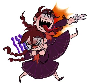 Rule 34 | 2girls, angry, arm around neck, blush, braid, brown hair, chibi, chibi only, clenched teeth, closed eyes, commentary, danganronpa: trigger happy havoc, danganronpa (series), dual persona, english commentary, fukawa toko, genocider shou, glasses, highres, holding, holding scissors, holding weapon, long hair, long sleeves, long tongue, multiple girls, neckerchief, open mouth, purple serafuku, purple shirt, purple shoes, purple skirt, red neckerchief, round eyewear, school uniform, scissors, serafuku, sharp teeth, shirt, shoes, skirt, skirt set, smile, socks, sweat, teeth, tongue, tongue out, transparent background, twin braids, twintails, v-shaped eyebrows, weapon, white socks, wolfmanritch