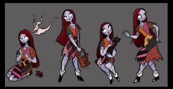 1boy 1girl colored_skin dress formal_clothes full_body highres jacket long_hair long_sleeves mio_ney multiple_persona open_mouth patchwork_clothes patchwork_skin pinstripe_pattern red_hair sally_(nbc) skeleton smile stitched_face stitches striped_clothes suit the_nightmare_before_christmas vest zero_(nbc)