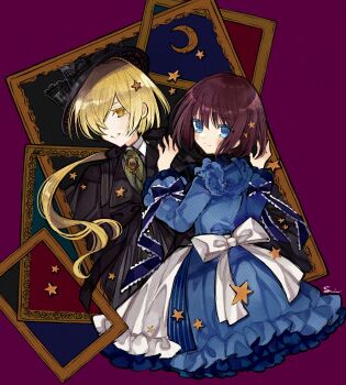 Rule 34 | 2girls, apron, black jacket, blonde hair, blue dress, blue eyes, blush, brown hair, commentary request, crescent moon, dress, elysia wentworth, hat, highres, jacket, lily (shiei no sona-nyl), long hair, looking at viewer, low ponytail, moon, multiple girls, picture frame, ponytail, shiei no sona-nyl, short hair, smile, star (symbol), steampunk (liarsoft), sumisu (rinsumi), yellow eyes