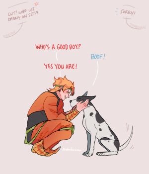 1boy alternate_universe blonde_hair closed_eyes commentary danny_(jojo) dio_brando dog english_commentary english_text green_headband headband highres jojo_no_kimyou_na_bouken knee_pads male_focus motion_lines phantom_blood pointy_shoes shoes signature smile squatting stardust_crusaders steohsama tail tail_wagging twitter_username