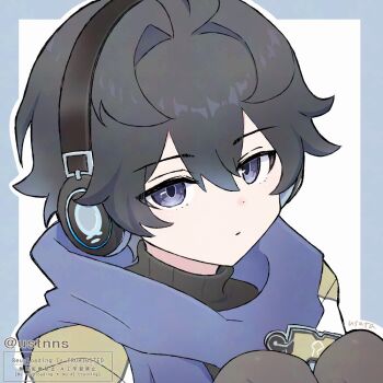 1boy antenna_hair artist_name badge black_hair commentary_request hair_between_eyes headphones honkai:_star_rail honkai_(series) hood hood_down jacket looking_at_viewer male_focus purple_eyes short_hair signature simple_background stephen_lloyd_(honkai:_star_rail) turtleneck usata