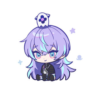 1boy animal animal_on_head attsei black_shirt blue_hair chibi commentary_request green_eyes hair_between_eyes hoshirube_sho hoshirube_sho_(1st_costume) jacket long_hair looking_at_viewer male_focus multicolored_hair nijisanji octopus on_head otomo_(hoshirube_sho) purple_hair shirt single_off_shoulder sitting smile solo sparkle spread_legs star_(symbol) streaked_hair virtual_youtuber white_jacket