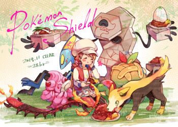 1girl :t alcremie alcremie_(ruby_cream) alcremie_(strawberry_sweet) alternate_costume alternate_hair_length alternate_hairstyle appletun blush boltund centiskorch chinese_commentary closed_eyes closed_mouth commentary_request copyright_name curry dated eating egg eyelashes food gen_8_pokemon gloria_(pokemon) grass hat huan_li inteleon jacket long_sleeves nintendo open_clothes open_jacket plate pokemon pokemon_(creature) pokemon_swsh runerigus sitting skirt white_hat