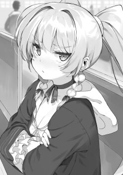 1girl alicia_vladia_sarkista bow braid breasts buta_koushaku choker classroom cleavage closed_mouth crossed_arms frilled_robe from_side greyscale hair_between_eyes hair_bow highres hood hood_down hooded_robe indoors jitome long_hair long_sleeves looking_at_viewer monochrome nauribon non-web_source novel_illustration official_art open_clothes open_robe people ribbon ribbon_choker robe school school_uniform side_braids silhouette small_breasts solo_focus twintails very_long_hair wide_sleeves wince