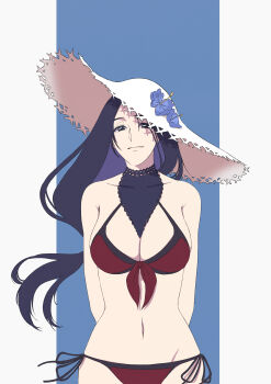 1girl absurdres anno_im arms_behind_back bikini black_eyes black_hair bleach bleach:_brave_souls breasts cleavage commentary_request hat highres large_breasts long_hair navel red_bikini side-tie_bikini_bottom solo sun_hat swimsuit tilted_headwear unohana_retsu upper_body white_hat