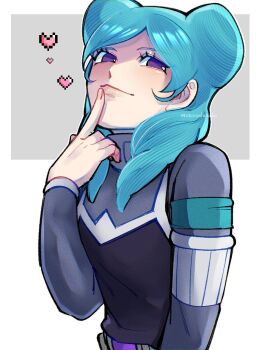 1girl aqua_hair beta_(inazuma_eleven) black_vest bodysuit border closed_mouth commentary finger_to_mouth grey_bodysuit heart highres inazuma_eleven_(series) inazuma_eleven_go inazuma_eleven_go_chrono_stone index_finger_raised light_blush long_sleeves looking_at_viewer purple_eyes smile solo symbol-only_commentary twitter_username vest wakuraba_tel4 white_border