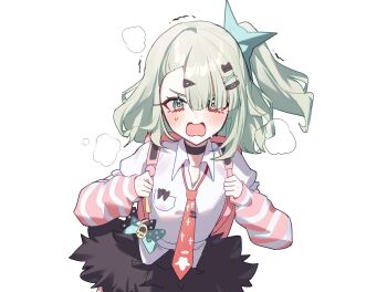 1girl bandaid bandaid_hair_ornament black_skirt blush chinatsu_remiel collar fur-trimmed_skirt fur_trim green_hair hair_ornament hashtag-only_commentary highres looking_at_viewer multiple_hair_clips necktie open_mouth pink_arm_warmers pink_bag ponytail red_necktie shirt simple_background skirt solo steam striped_arm_warmers sweat taiyaki12 triangle_hair_ornament upper_body v-shaped_eyebrows white_background white_shirt zenless_zone_zero