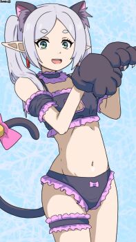 1girl animal_hands arm_strap bambi2000line bell black_bra black_choker black_panties bow bow_panties bra cat_cutout cat_lingerie choker cleavage_cutout clothing_cutout commentary_request cosplay cowboy_shot earrings elf flat_chest frieren frilled_bra frilled_choker frilled_panties frills gloves green_eyes grey_hair highres jewelry jingle_bell navel onii-chan_wa_oshimai! open_mouth oyama_mahiro oyama_mahiro_(cosplay) panties paw_gloves petite pointy_ears short_eyebrows signature smile solo sousou_no_frieren tail tail_bell tail_bow tail_ornament teardrop_earrings thigh_strap twintails underwear