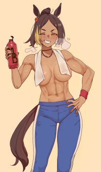 1girl ;) absurdres animal_ears blue_pants blush bottle breasts brown_eyes brown_hair commentary dark-skinned_female dark_skin english_commentary grin highres holding holding_bottle horse_ears horse_girl horse_tail large_breasts michelle_my_baby_(umamusume) multicolored_hair one_eye_closed pants smile solo streaked_hair tail todding topless_female towel towel_around_neck umamusume umamusume:_cinderella_gray