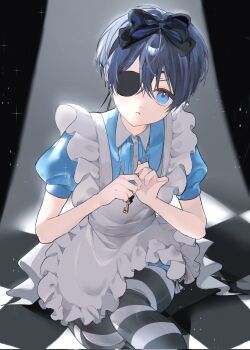 1boy alice_(alice_in_wonderland) alice_(alice_in_wonderland)_(cosplay) apron blue_dress blue_eyes blue_hair bow_hairband ciel_phantomhive cosplay crossdressing crossdressing_(mtf) dress expressionless eyepatch frilled_apron frills hair_between_eyes hairband highres jewelry key key_necklace kuroshitsuji looking_at_viewer male_focus necklace pantyhose puffy_short_sleeves puffy_sleeves short_hair short_sleeves sigeruto008 sitting solo striped_clothes striped_pantyhose very_short_hair white_apron