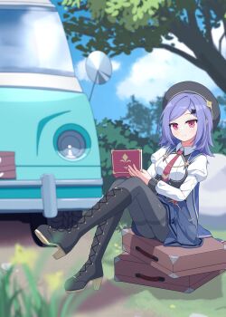 1girl absurdres ass black_boots black_pantyhose blue_cape blue_skirt boots breasts briefcase cape collared_shirt commentary computer framed_breasts full_body high-waist_skirt high_heel_boots high_heels highres holding holding_laptop iris_(stella_sora) juliet_sleeves knee_boots korean_commentary lace-up_boots laptop leg_up long_hair long_sleeves medium_breasts miniskirt motor_vehicle necktie outdoors pantyhose pleated_skirt puffy_sleeves purple_hair red_eyes red_necktie shirt sillyprim sitting skirt solo stella_sora tree van white_shirt