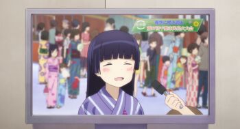 10s 1girl ^_^ anime_screenshot black_hair blurry blush cameo closed_eyes creator_connection depth_of_field eromanga_sensei flower gokou_ruri hair_flower hair_ornament hime_cut interview japanese_clothes kimono microphone mole mole_under_eye nervous_smile non-web_source open_mouth ore_no_imouto_ga_konna_ni_kawaii_wake_ga_nai people smile solo_focus television yukata