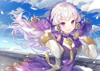 1girl arms_up blue_sky blush cloud commentary_request day detached_collar dress female_focus fire_emblem fire_emblem:_three_houses floating_hair frilled_dress frills long_hair long_sleeves looking_at_viewer lysithea_von_ordelia lysithea_von_ordelia_(timeskip) nintendo outdoors petals purple_dress purple_eyes ringozaka_mariko sidelocks signature silver_hair sky solo tassel upper_body veil very_long_hair wins