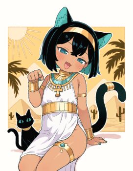 1girl ancient_egyptian ancient_egyptian_clothes animal_ears ankh aqua_eyes aqua_hair armlet black_hair bracelet cactus cat cat_ears cat_girl cat_tail colored_inner_hair commentary dark-skinned_female dark_skin desert fang flat_chest gold_armlet gold_bracelet gold_hairband gold_thighlet hairband jewelry looking_at_viewer multicolored_hair nail_polish onyhakase original palm_tree paw_pose pyramid_(structure) short_hair sitting solo sun symbol-only_commentary tail thighlet tongue tree usekh_collar