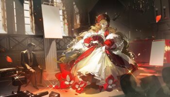 1boy 1girl absurdres black_eyes black_footwear black_jacket black_necktie black_pants blazer blurry blurry_foreground bokeh brown_hair candlestand closed_mouth collared_shirt commentary depth_of_field diffraction_spikes dress eyelashes formal_clothes fur_trim gem glint hand_fan highres holding holding_fan jacket jewelry light_particles long_dress long_hair looking_at_viewer necktie original pants parted_bangs pearl pearl_(gemstone) ringlets ruoganzhao shirt sitting skirt_hold smile solo_focus sparkle suit symbol-only_commentary white_shirt