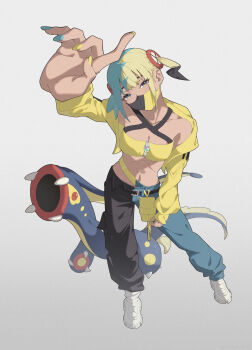 1girl aqua_hair bandeau belt black_belt black_mask black_pants blonde_hair blue_eyes blue_nails blue_pants breasts canari_(pokemon) collarbone colored_sclera criss-cross_straps eel eelektross fangs fish full_body gen_5_pokemon highres jacket lamprey long_sleeves looking_at_viewer mask mega_stone mouth_mask multicolored_hair multicolored_nails navel nintendo open_mouth pants pokemon pokemon_(creature) pokemon_legends:_z-a red_eyes red_sclera short_twintails simple_background split-color_hair sports_bra thorn_(kmconceptart) twintails two-tone_hair two-tone_mask two-tone_pants yellow_bandeau yellow_jacket yellow_mask yellow_nails yellow_sports_bra