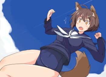1girl ahoge animal_ear_fluff animal_ears blue_one-piece_swimsuit blue_sailor_collar blue_shirt blue_sky blush breasts brown_eyes brown_hair character_request check_character cloud commentary_request covered_navel dog_ears dog_girl dog_tail double-parted_bangs dutch_angle feet_out_of_frame from_below gluteal_fold hair_between_eyes hair_ornament hairclip kugui_kiyunemu long_sleeves looking_at_viewer medium_breasts miyafuji_yoshika neckerchief old_school_swimsuit one-piece_swimsuit open_mouth sailor_collar school_swimsuit shirt short_hair sidelocks sky solo strike_witches swimsuit tail teeth thigh_gap thighs upper_teeth_only white_neckerchief world_witches_series